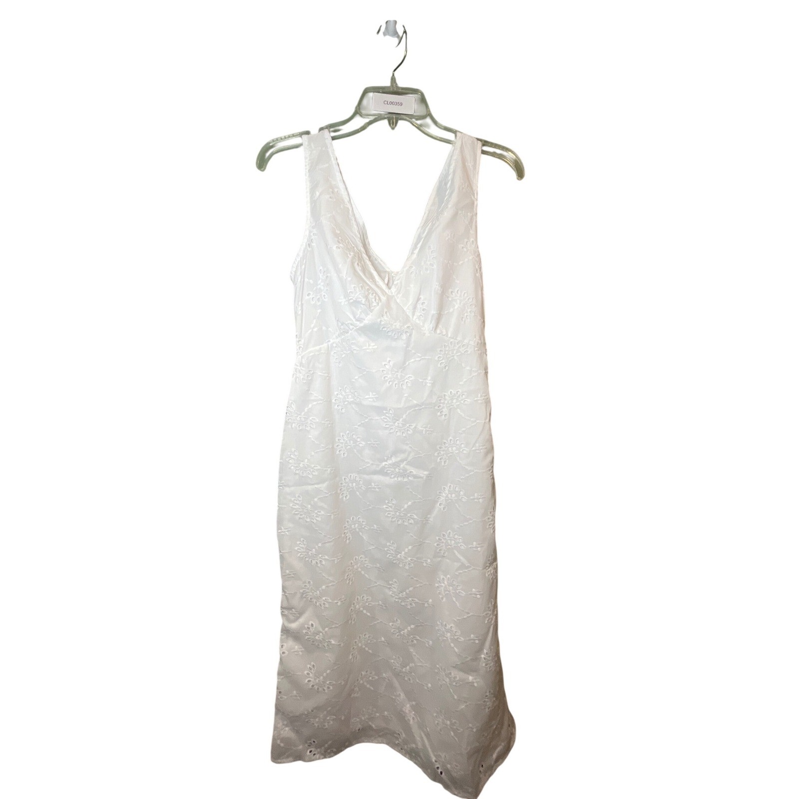 SHEIN White Eyelet Embroidered Midi Dress Sleeveless V-Neck Tie Back Size M
