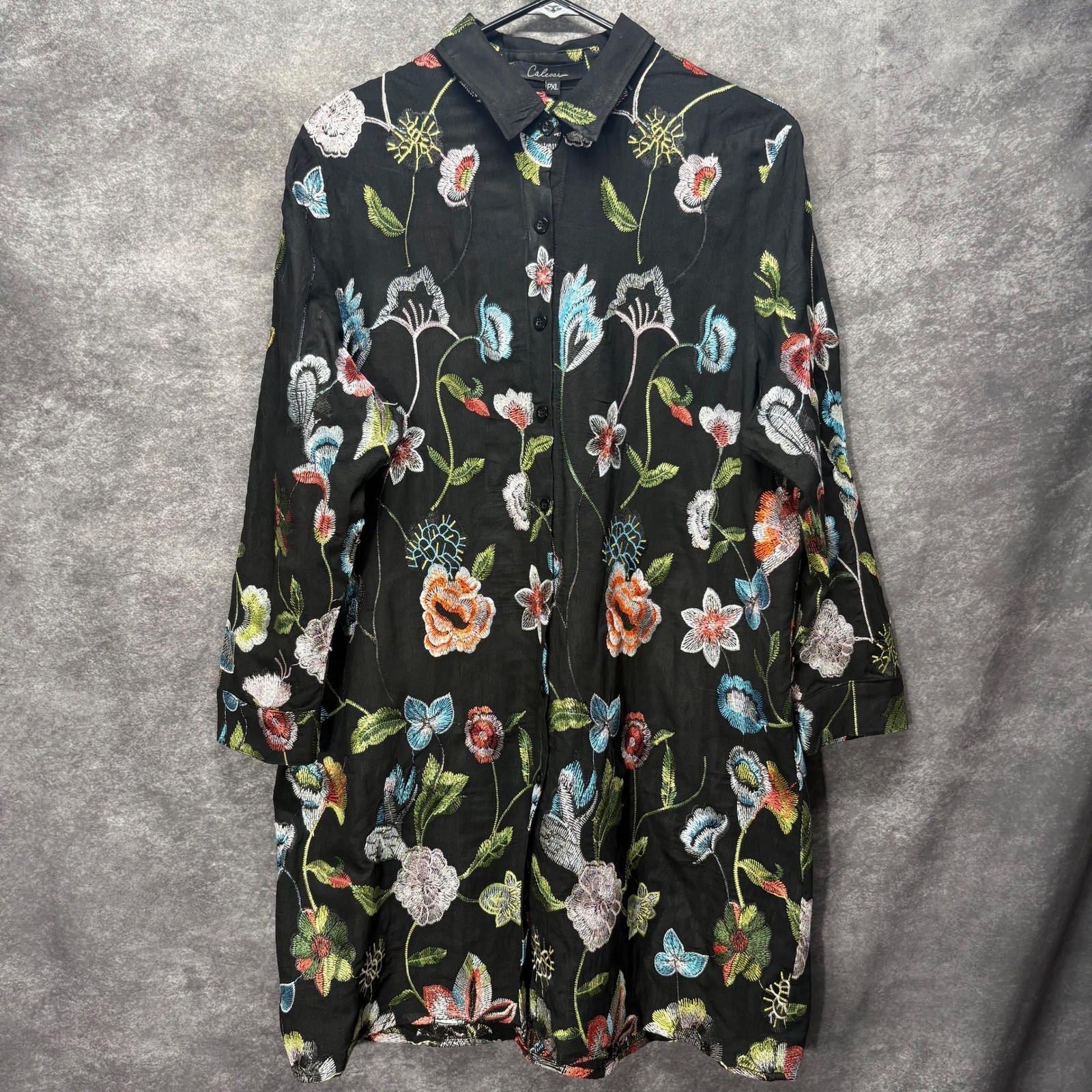 Calessa Black Floral Embroidered Button Up Mini Shirt Dress Tunic Size PXL Fairy