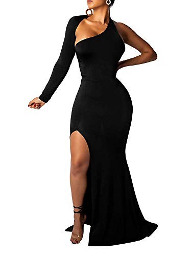 BEAGIMEG Womens Elegant One Shoulder Backless Evening Long Dress Black 2 Size XL