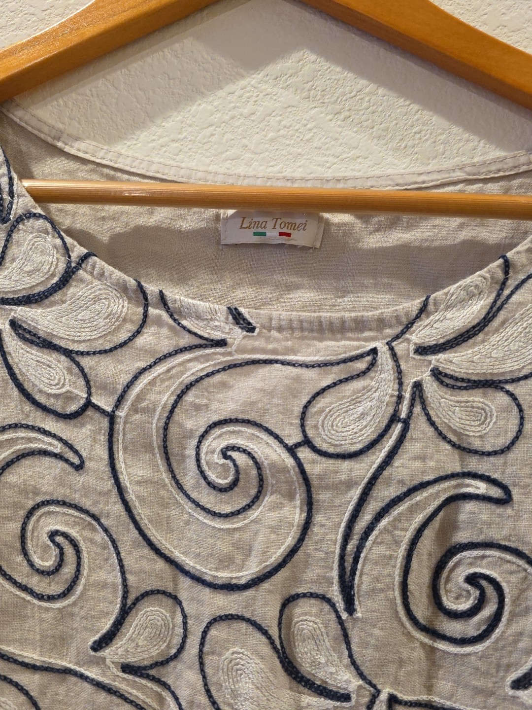 Lina Tomei Tan Navy Embroidered 100%Linen Dress Euro Summer Stretch Panels sz M