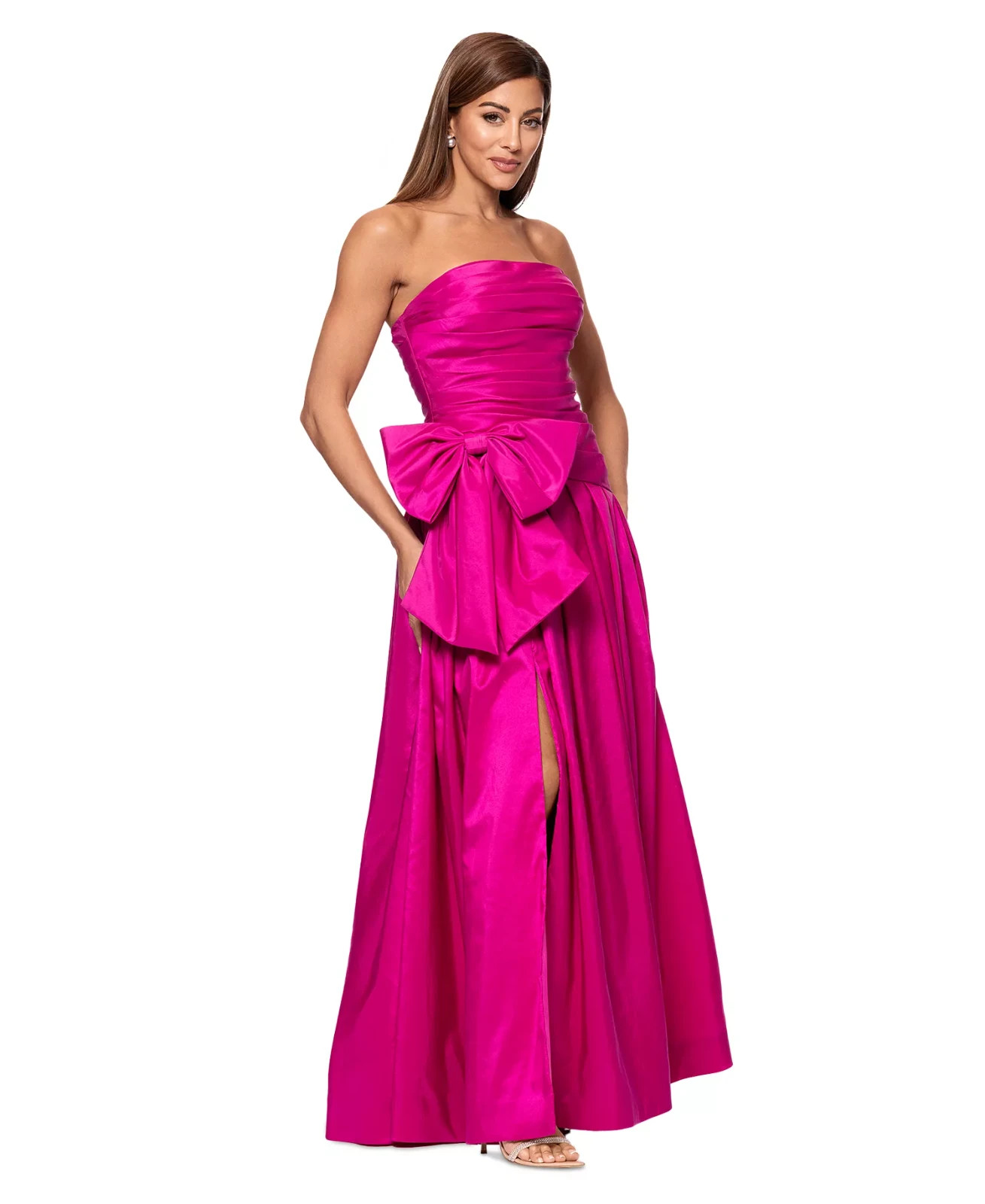 Xscape Womens Bow Trim Ruched Strapless Gown Dress Size 6 In Pink