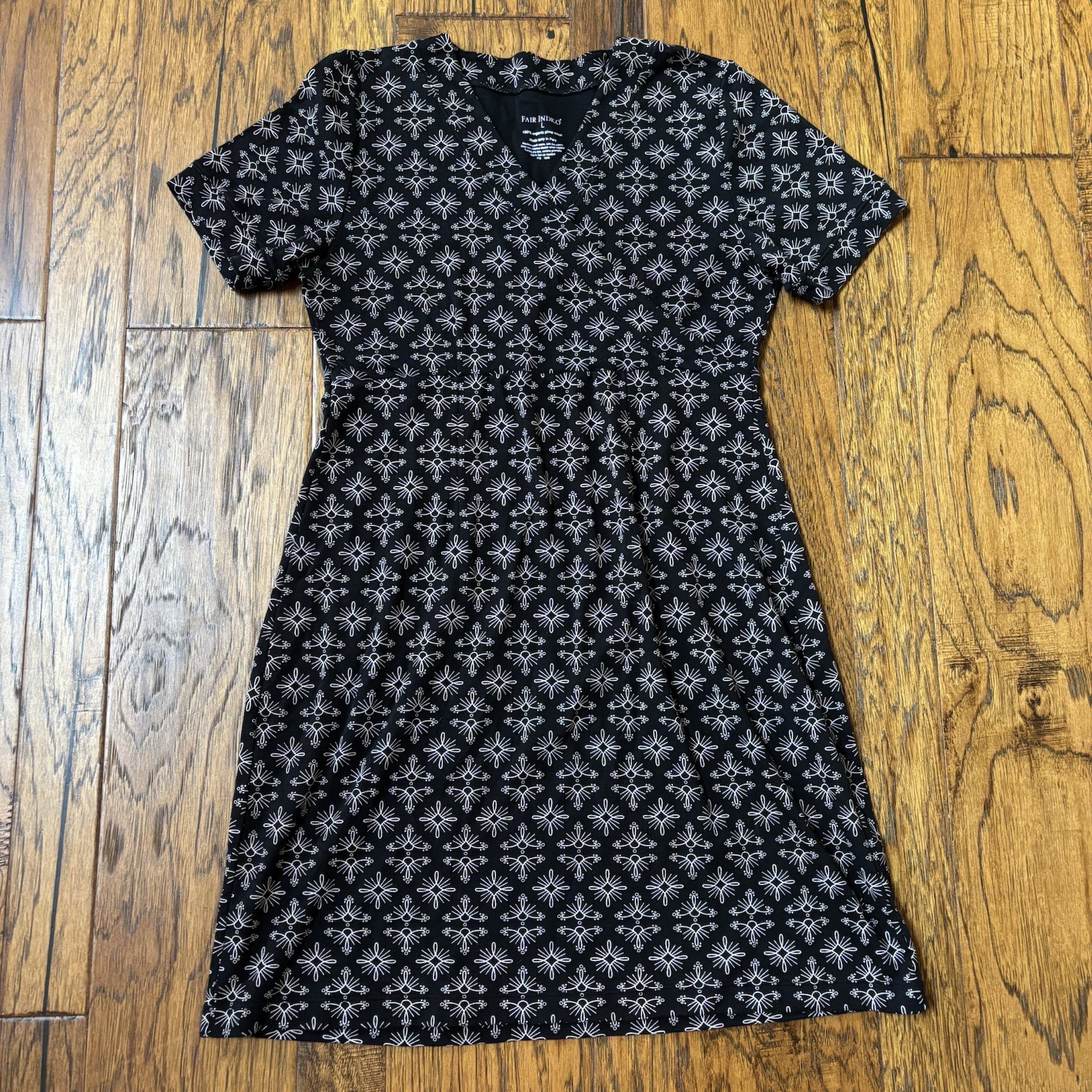 Fair Indigo Womens L Dress Organic Pima Cotton Black Short Sleeve V Neck Comfort