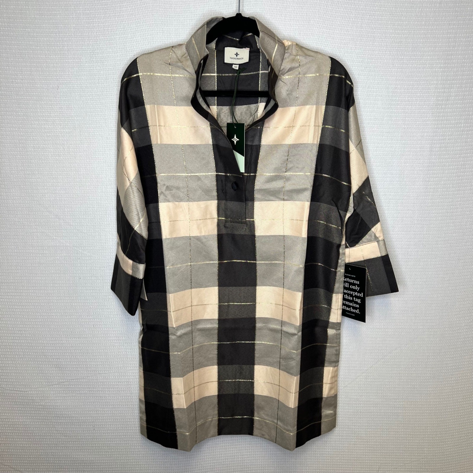 Tuckernuck Metallic Plaid Tunic Top Black Gold Cream NYAP-34-D758 Womens XS NEW