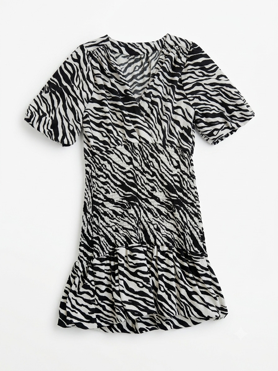 XSIDE Women’s Dress Size M Black White Zebra Print Smocked Stretch Puff Sleeve