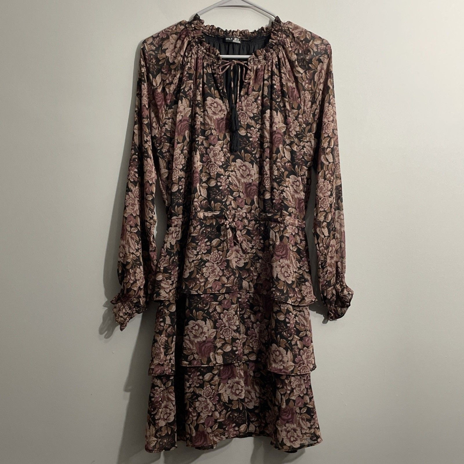 Black Tape Dark Floral Dress XS Long Sleeve Romantic Sheer Sleeve Soft Grunge