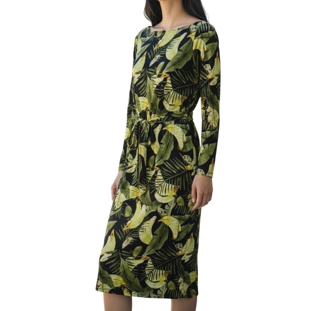 Va Va Voom Tropical Palm Banana Leaf Midi Dress Green Yellow Belted Medium