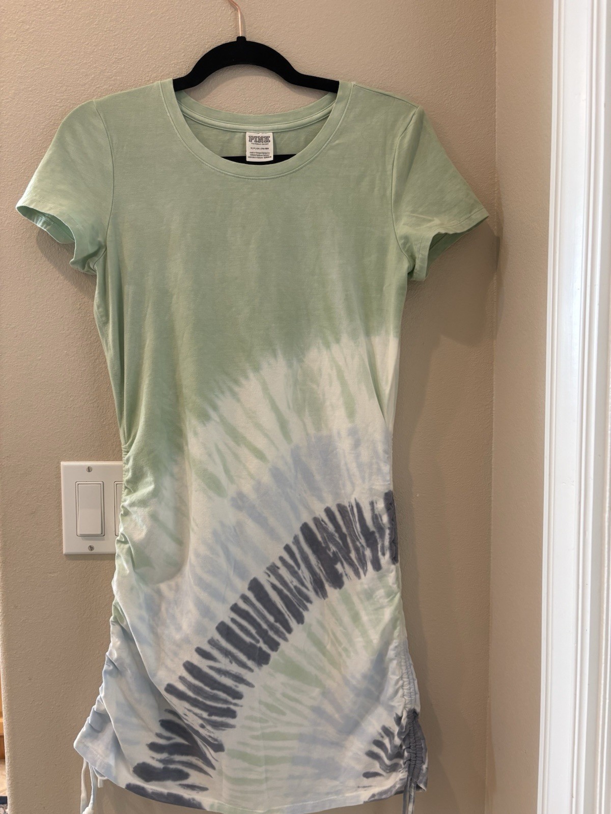 PINK Victoria’s Secret Green Blue Tie Dye Ruched T-Shirt Dress Short Sleeve S