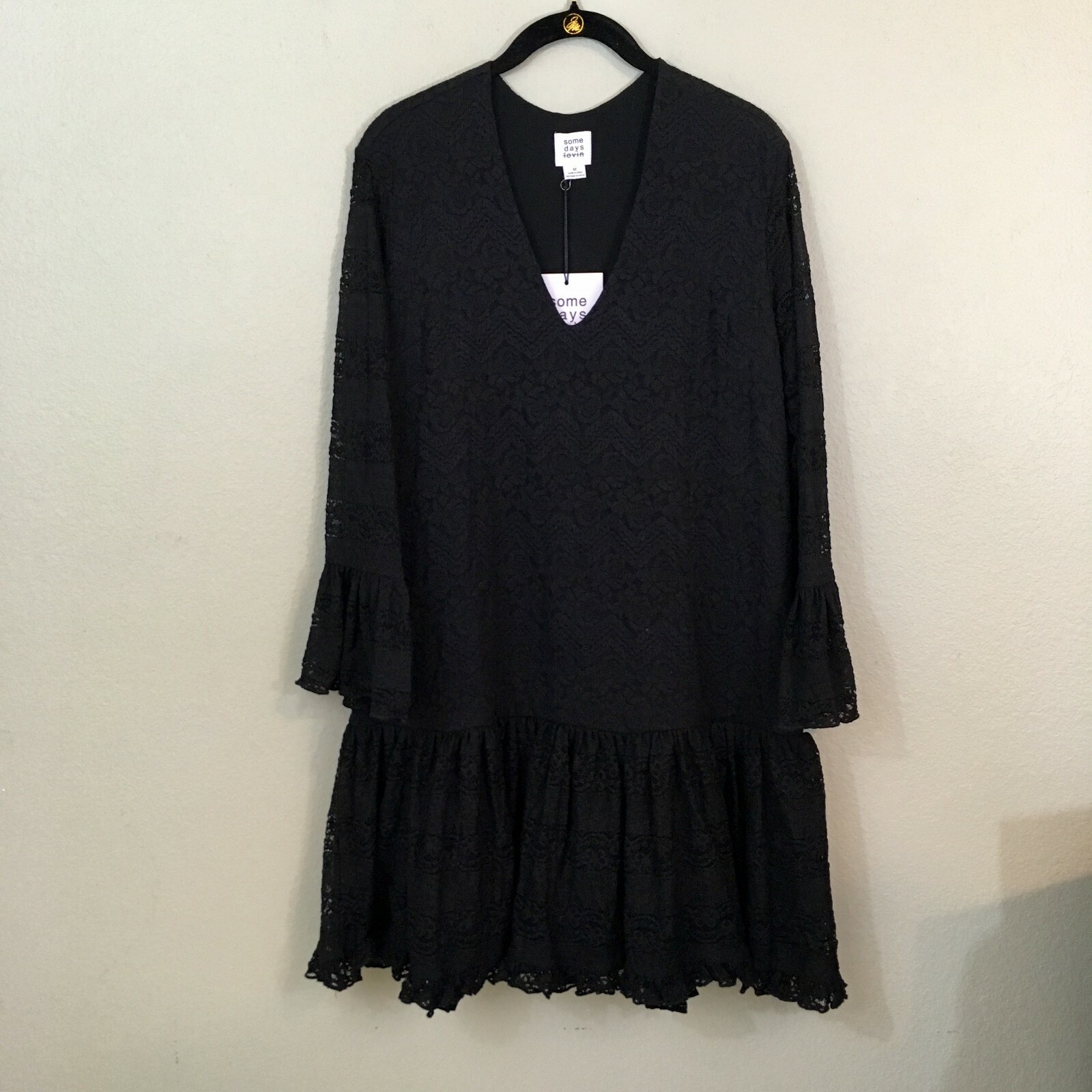 Some Days Lovin Black Lace Lined Bell Sleeve V-Neck Dress, Medium
