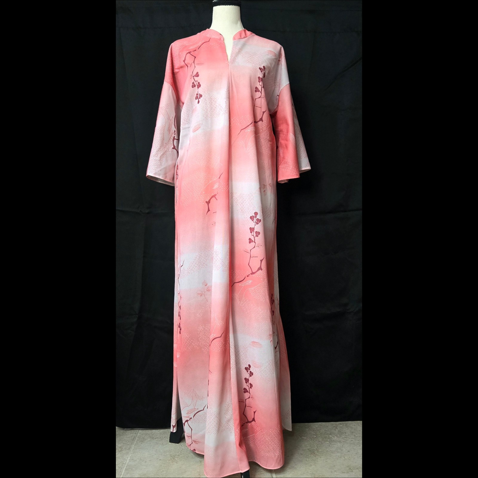 Vintage Kimono Style Maxi Dress Pink Cherry Blossom Kaftan Loungewear Pocket OS