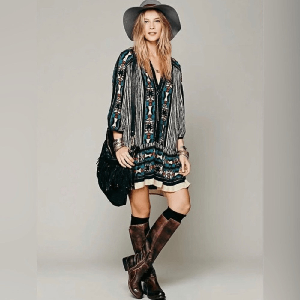 Free People Multicolor Bow and Arrow Boho Henley Dress Size XS $128