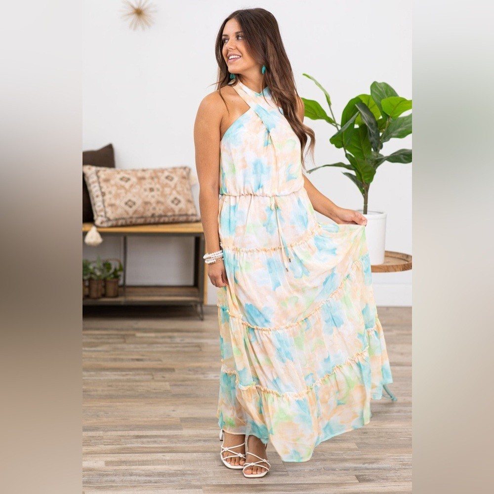 Davi & Dani NEW NWT Peach Multicolor Floral Halter Neck Maxi Dress medium