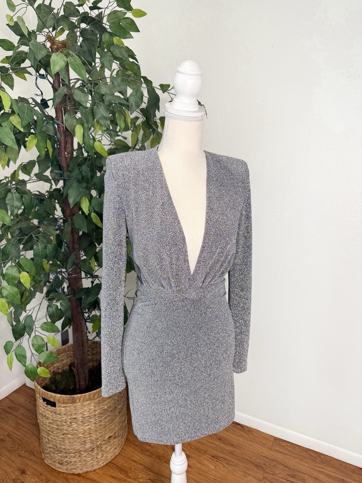 ZARA Silver Metallic V-Neck Bodycon Mini Dress Size S