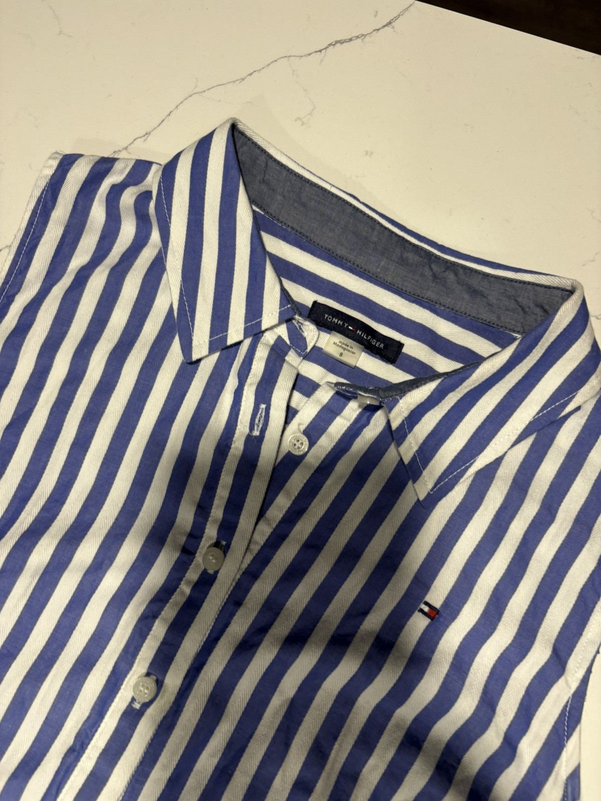 Tommy Hilfiger Striped Sleeveless Shirt Dress Blue White Button Front Size 8