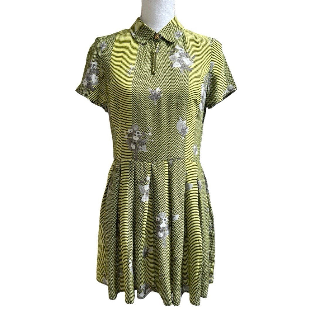 Opening Ceremony Sz M Mini Dress Silk Floral Stripe Geometric Short Slv Retro
