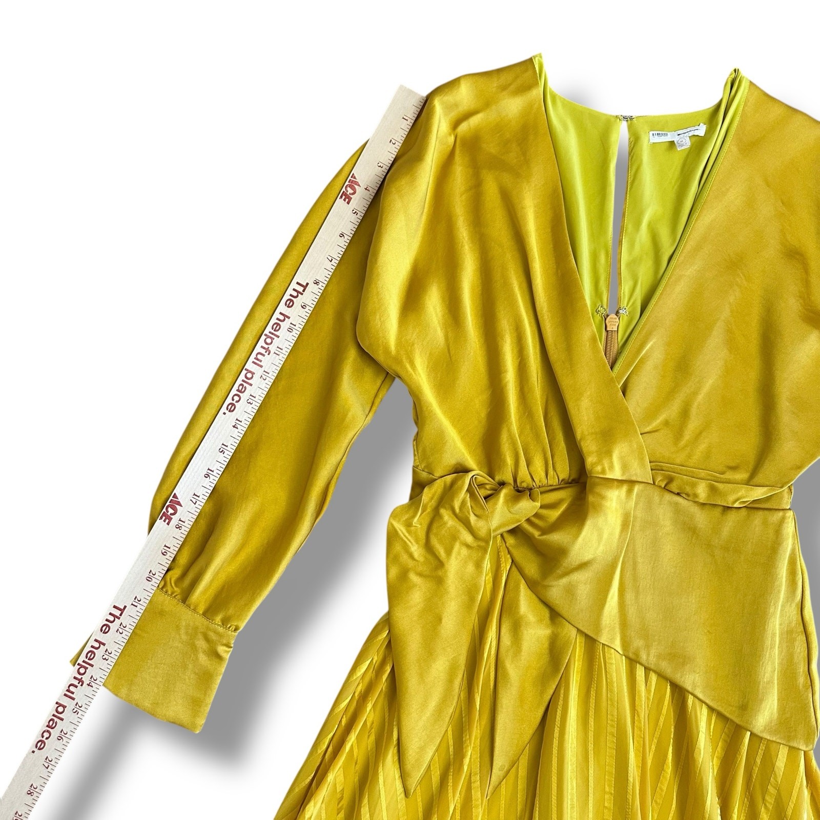 Chartreuse Pleated Wrap Dress Long Sleeve Asym Hem Midi Yellow Women