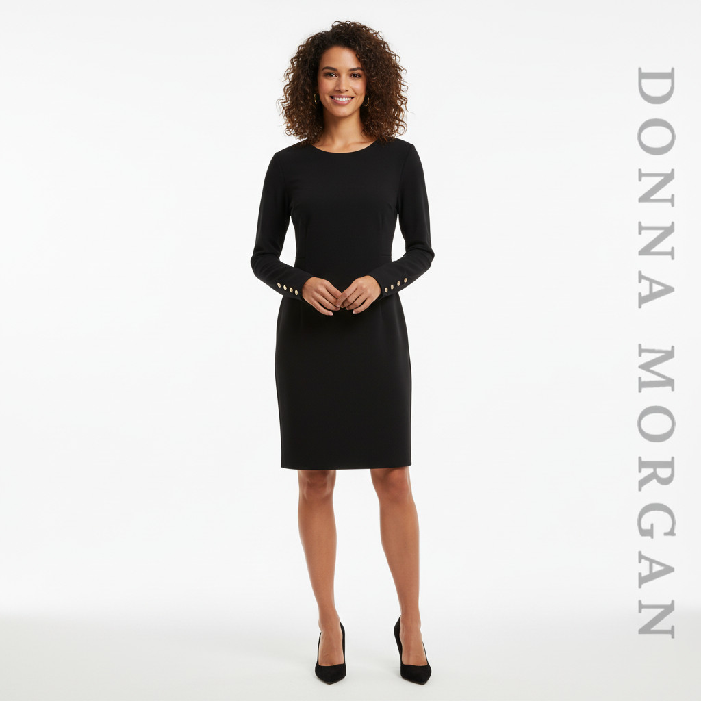 Donna Morgan Black Long Sleeve Dress Gold Button Cuff Detail Med NWT
