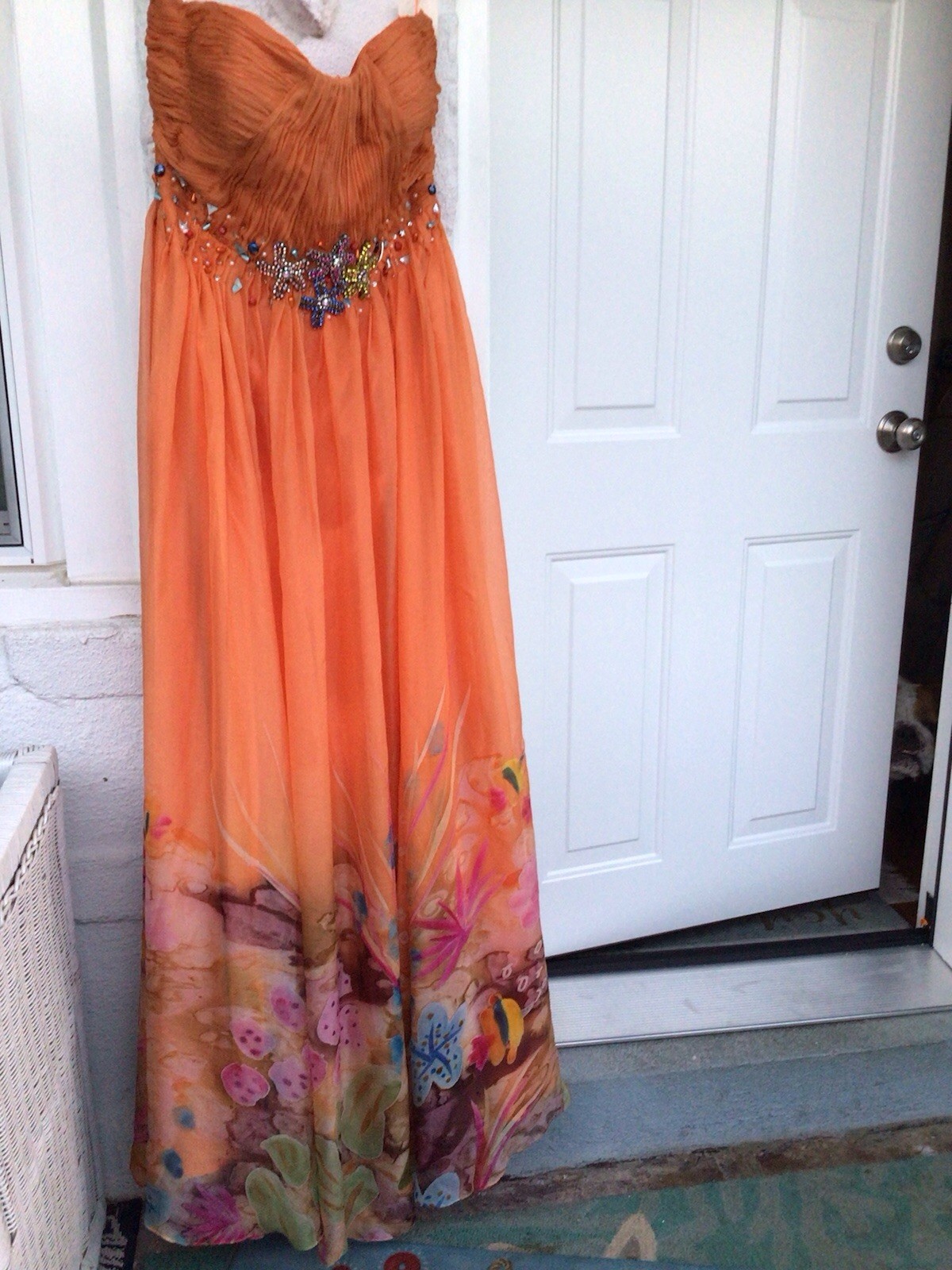 Morrell Maxie NWT’s Beaded Seashell Orange Sleeveless Maxi Silk Dress Sz. 10.