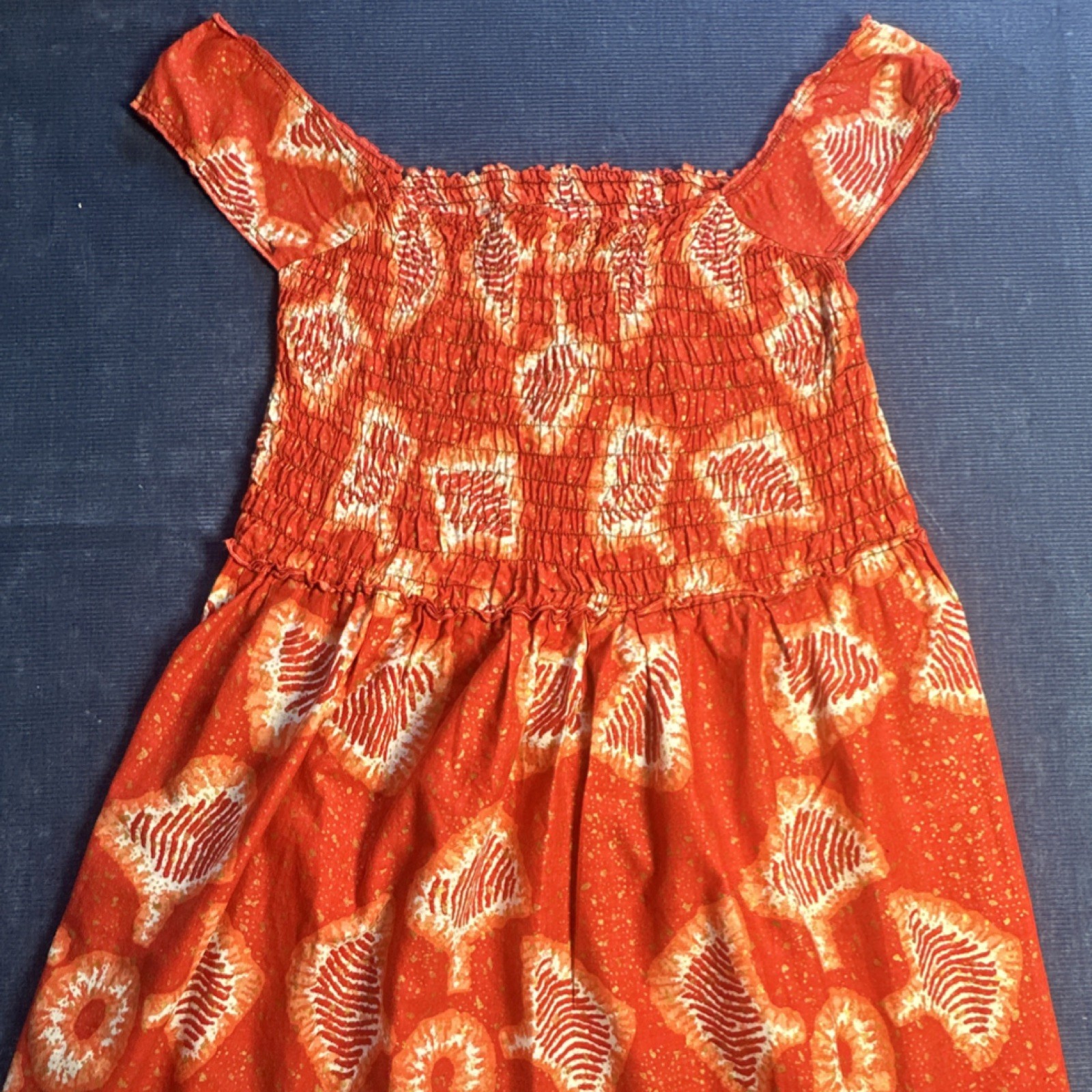 London Wax Prints Red Orange Geometric Smocked Midi Dress Cotton