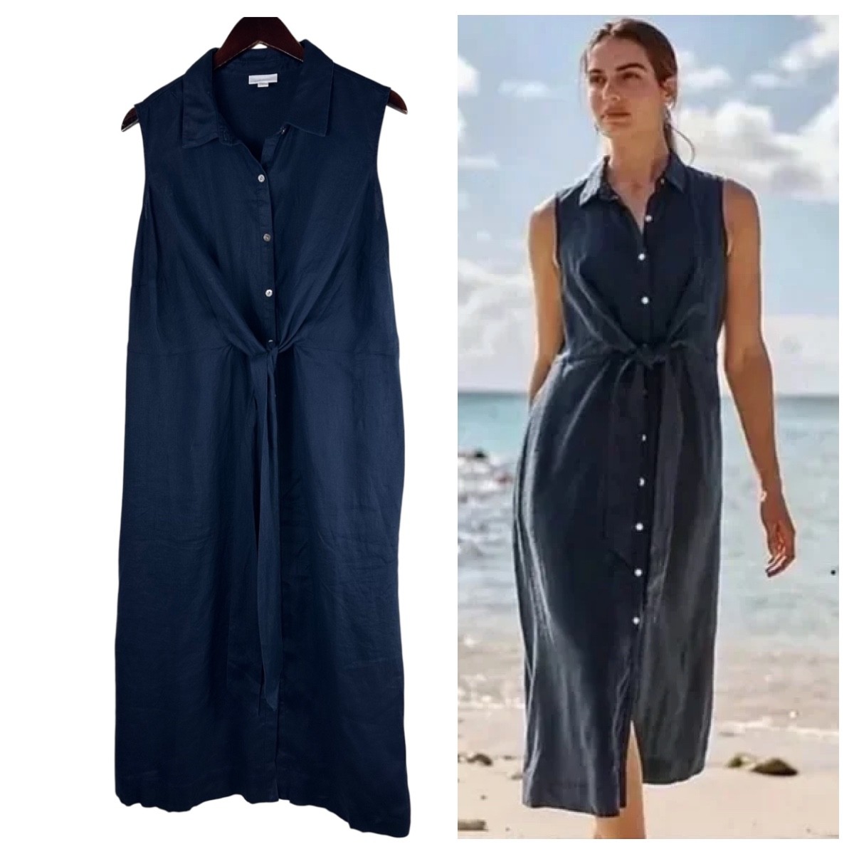 J Jill Love Linen Maxi Midi Dress Shirtdress Sz XL 14 16 Navy Blue Tie Front h