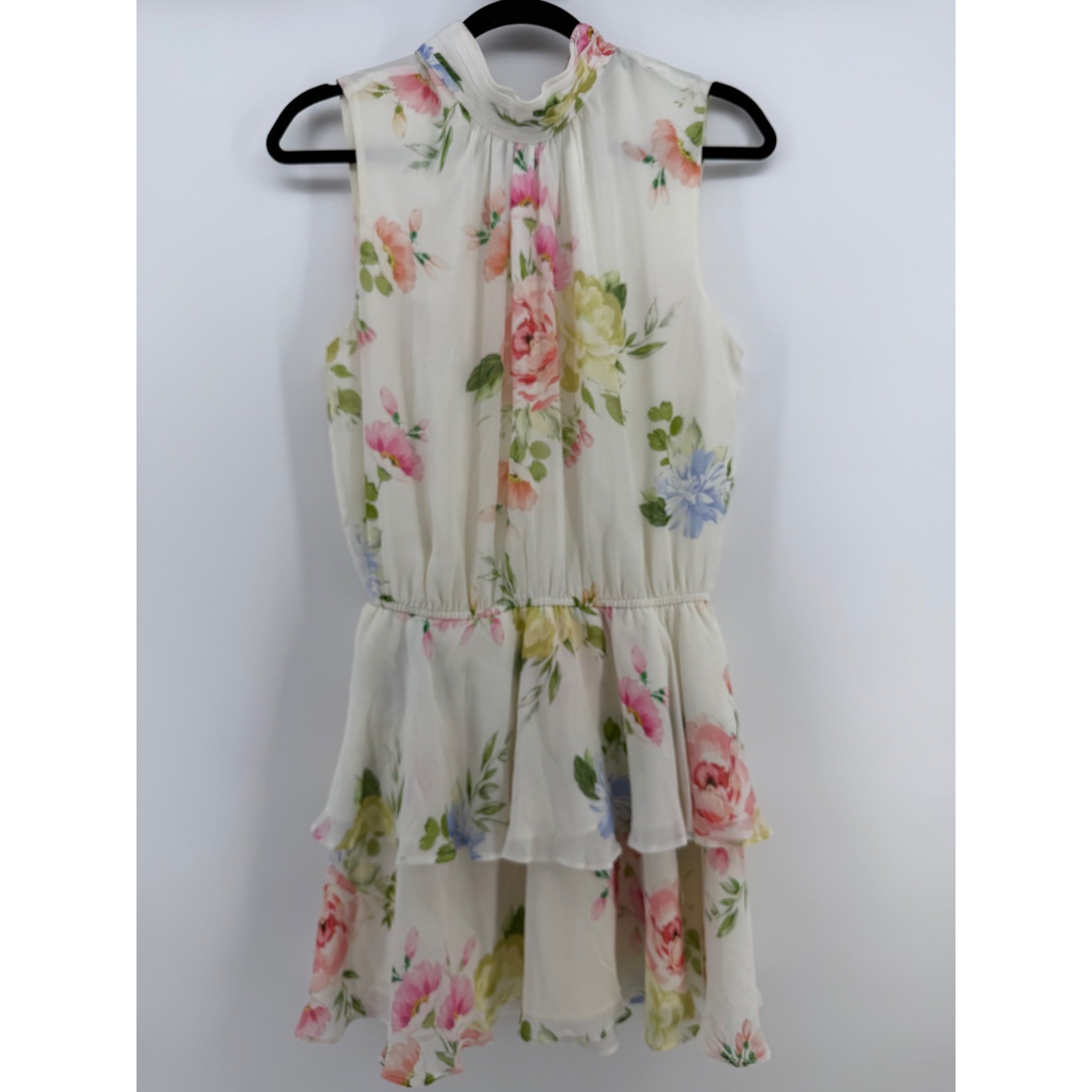 Yumi Kim Dress Womens L Floral Chiffon Ruffle Tiered Tie Neck Sleeveless