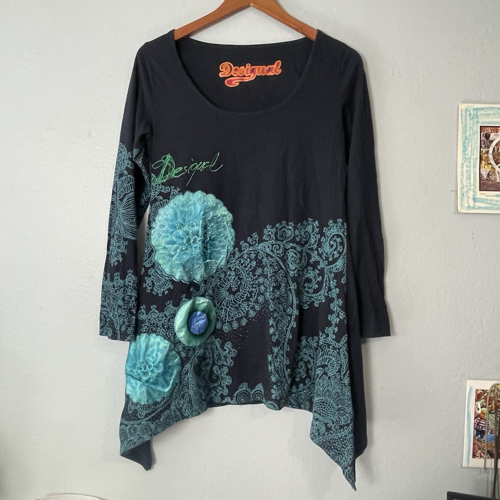 Desigual Embroidery Sequined Women’s Large Dress Shirt Long Sleeve Teal