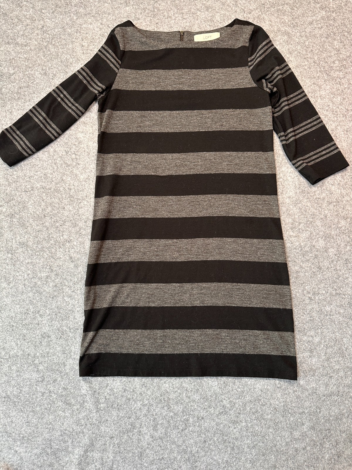 LOFT Tunic Dress Womens Small Charcoal Gray Striped Back Zip 3/4 Sleeve Casual