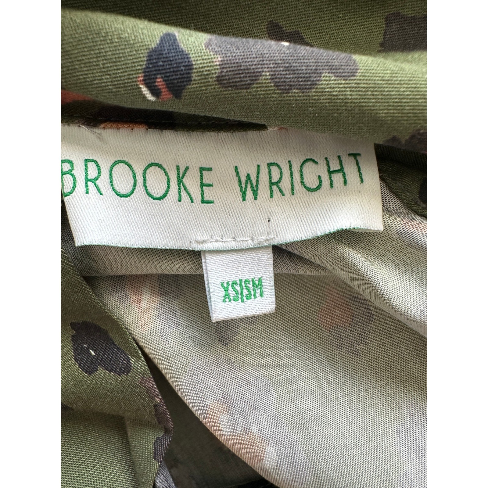 Brooke Wright Dress Womens XS/S Midi Olive Green Leopard Print Bow Neck Ruffle