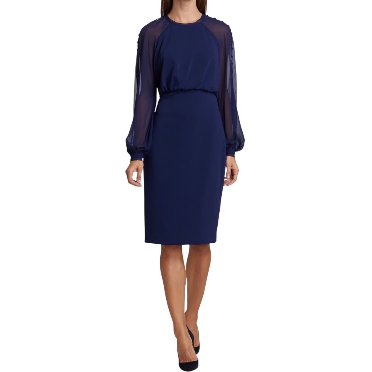 Badgley Mischka Navy Chiffon Long Sleeve Cocktail Midi Dress Women’s Size 2