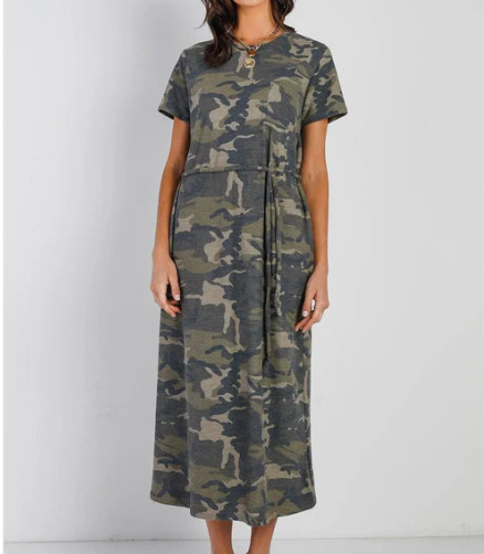 Dark Camo Self-Tie Belted Short Sleeve Midi Dress NEW, only 1 Size: LARGE