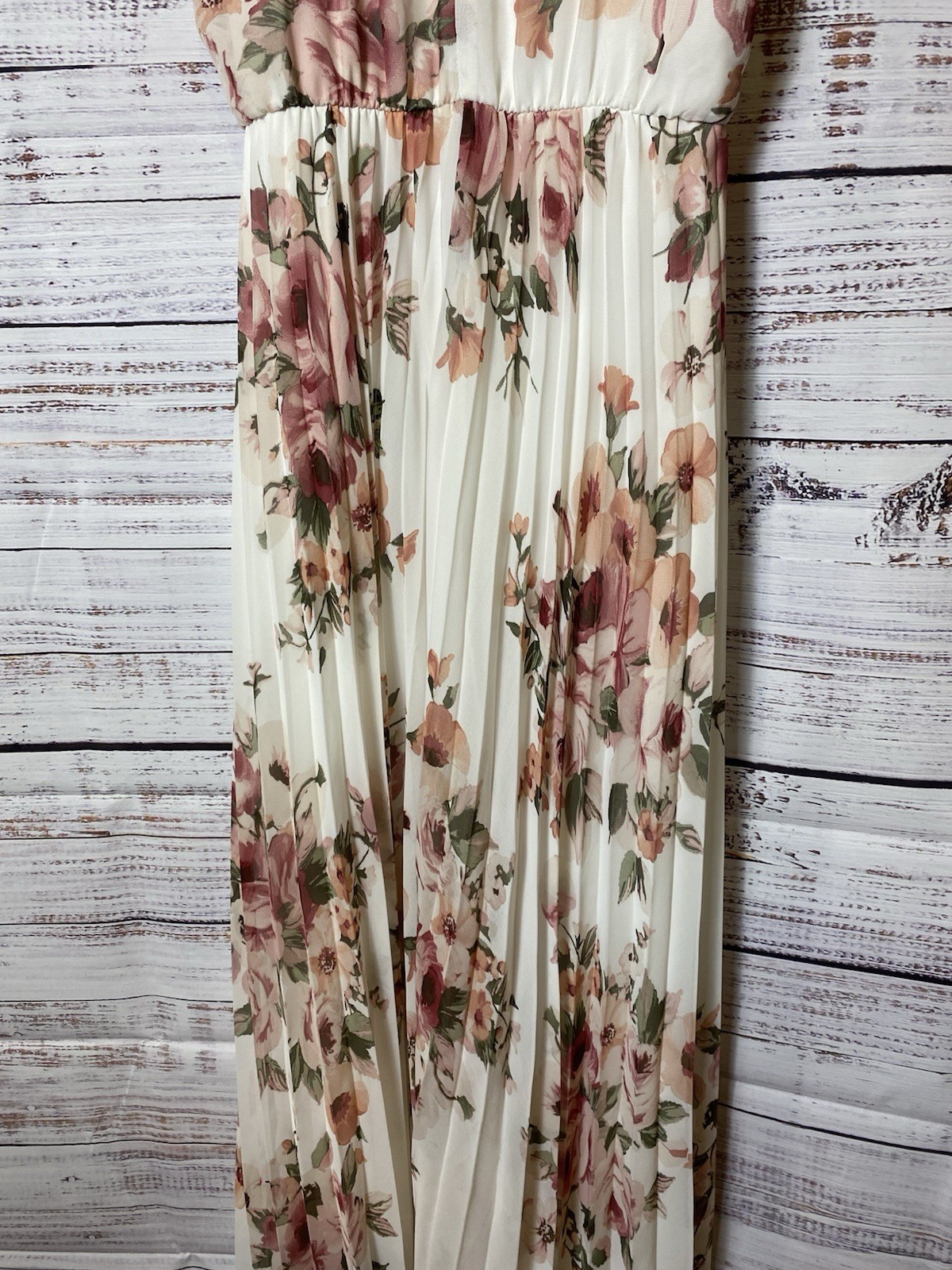 Premier Amour Size 2 Ivory Pink Floral Chiffon Halter Maxi Dress Pleated Bow