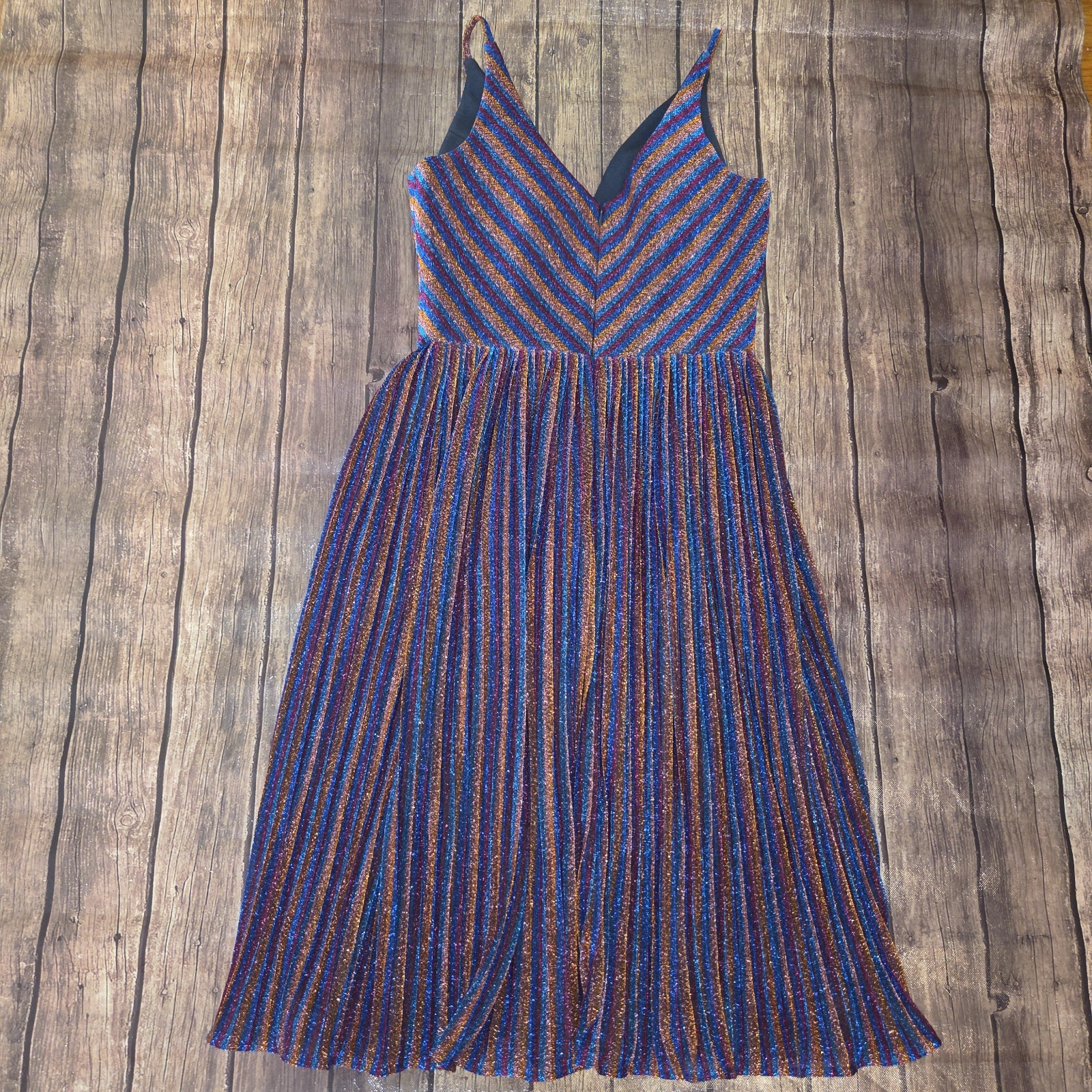 Dress the Population Haley Metallic Pleated Dress Women M Multicolor Retro Disco