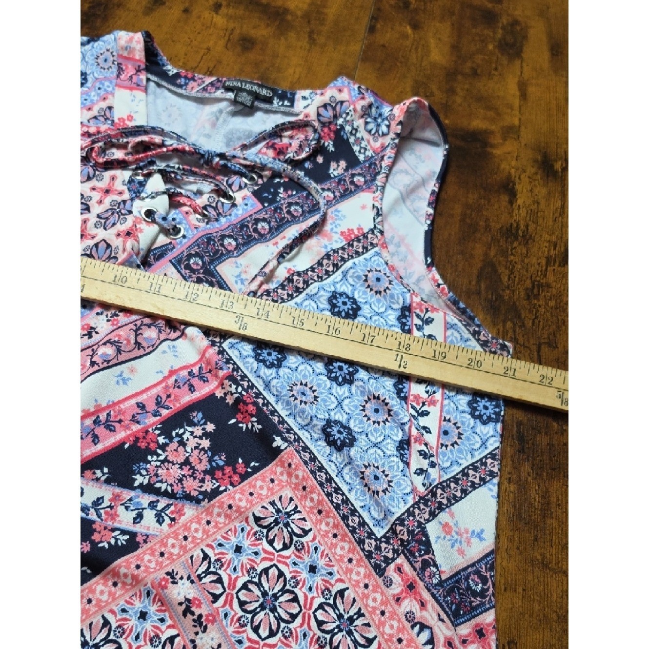 NINA LEONARD | Patchwork Bandana Handkerchief Hem Stretchy Tie Neck Dress | XL