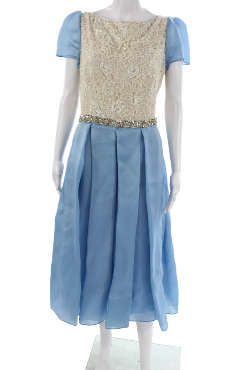 Naeem Khan Women A-Line Dress Blue Silk Boat Neck Short Sleeve Mid-Calf Size 10