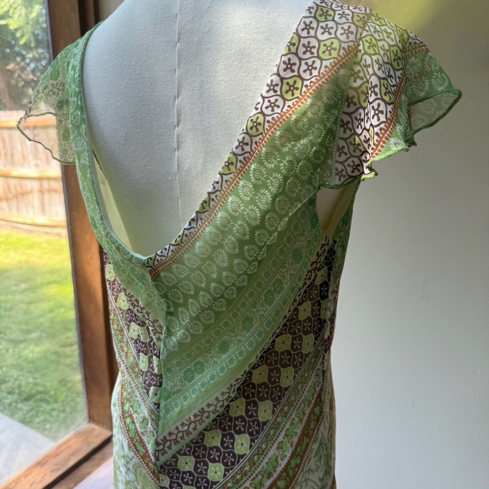 Vintage B. Smart Y2K Green Paisley Floral Flutter Sleeve Midi Dress