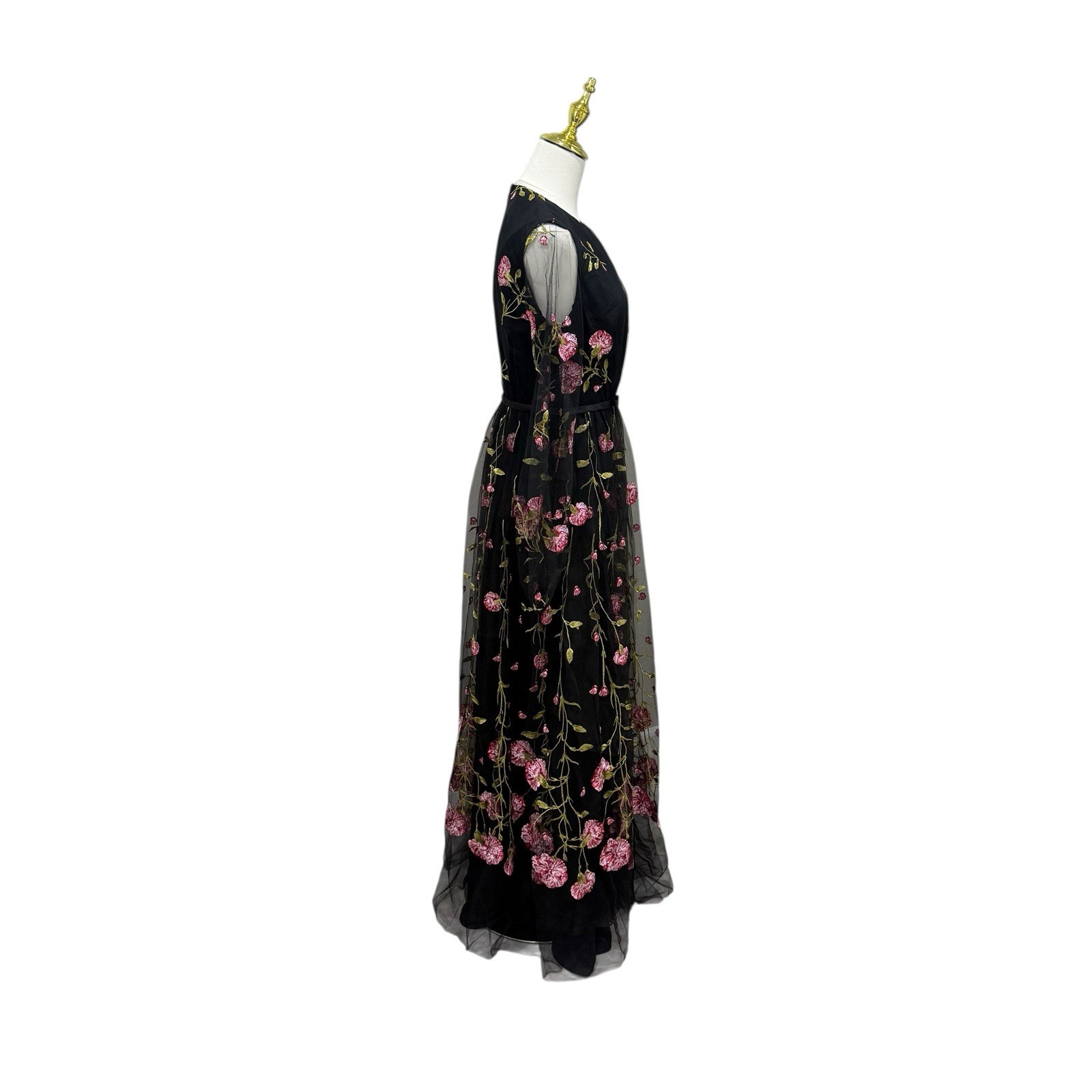 GIAMBATTISTA VALLI Carnation Embroidered Long Sleeve Maxi Dress Black/Rose SZ 4