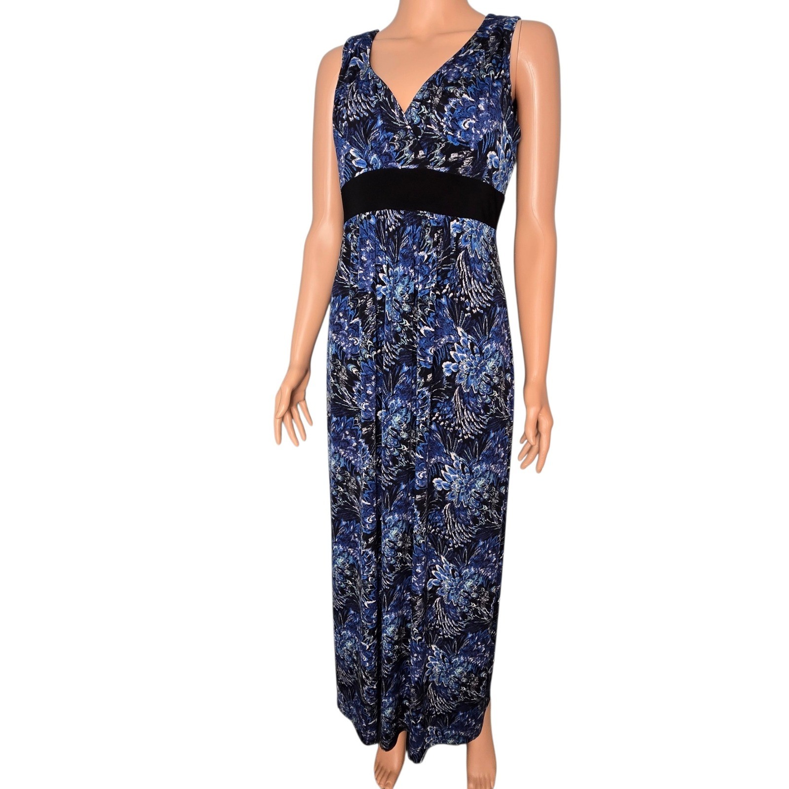 Coldwater Creek Blue Floral Empire Waist Maxi Dress XS 4-6 V-Neck Jersey Knit