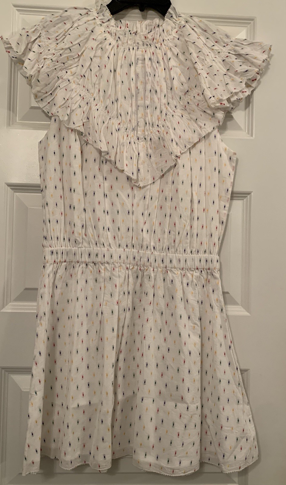 Never A Wallflower Vivian Dress Primary Swiss Dot Ruffle Neck Mini Size M NWT
