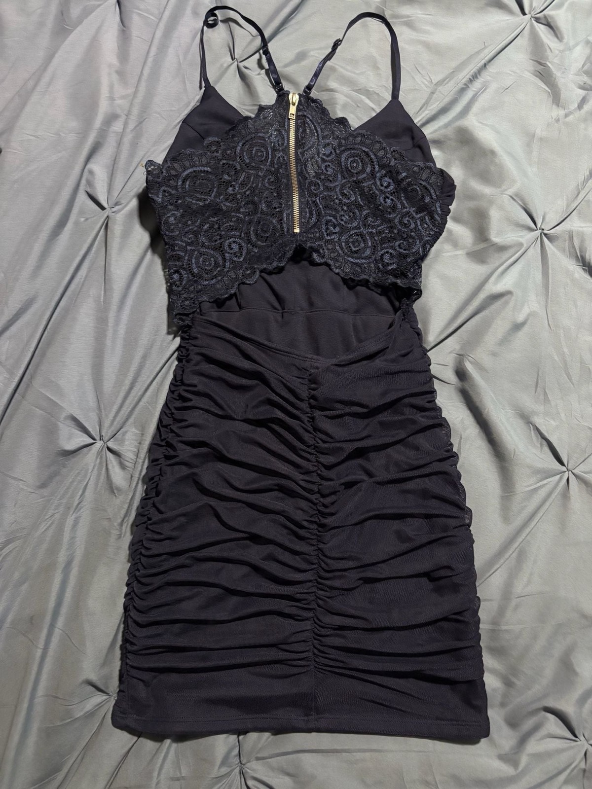 Honey and Rosie Black Ruched Mesh Mini Dress with Lace Detail and Front Zipper