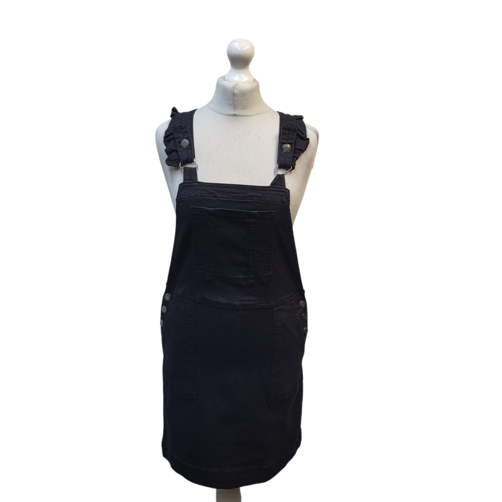Oliver Bonas Dungaree Pinafore Dress Black Ruffled Strap Women’s S 8 W26