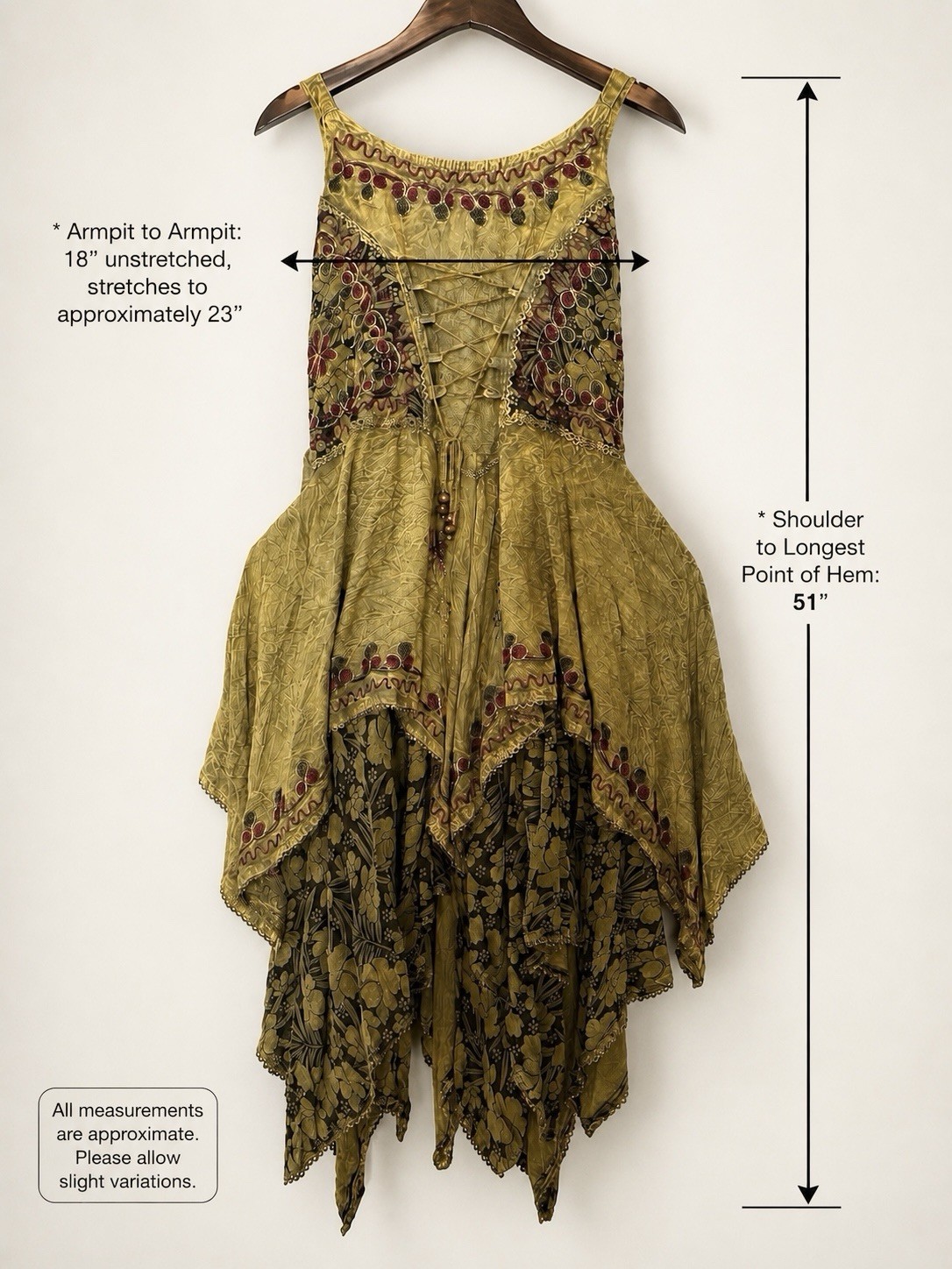 Boho Handkerchief Hem Pixie Dress Embroidered Corset Front Multi Layers NWT