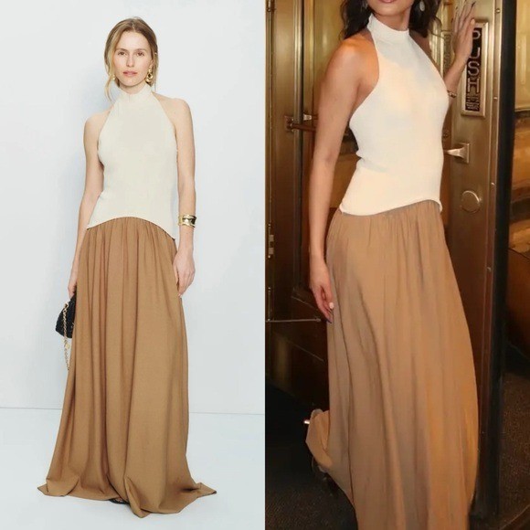 Solid and Striped Soglio Halter Ecru Camel Brown Maxi Dress Size L