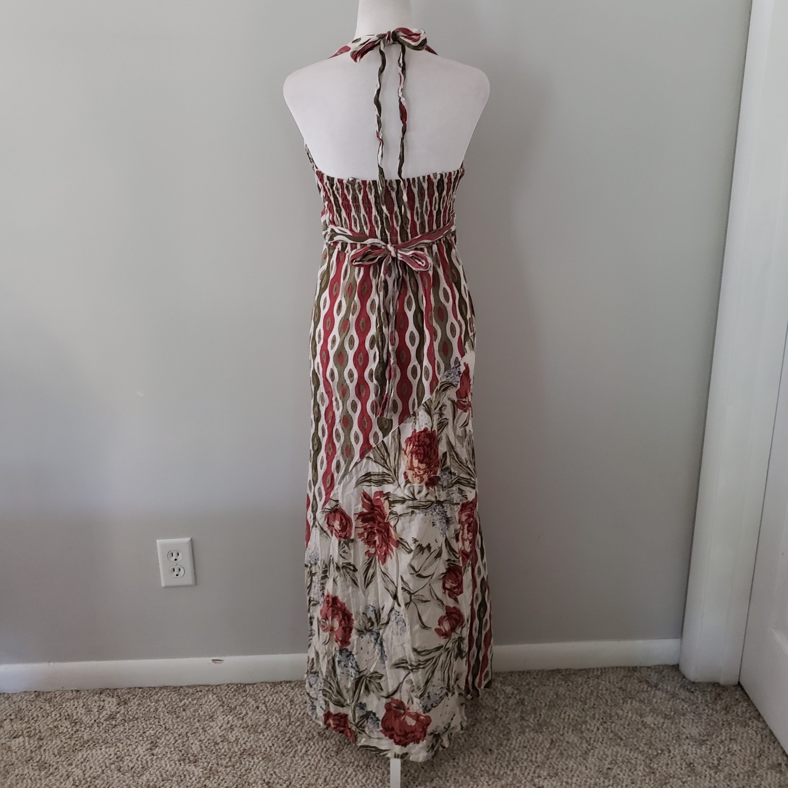 Sacred Threads Boho Hippie Maxi Dress MED Patchwork Artsy Empire Halter Vacation