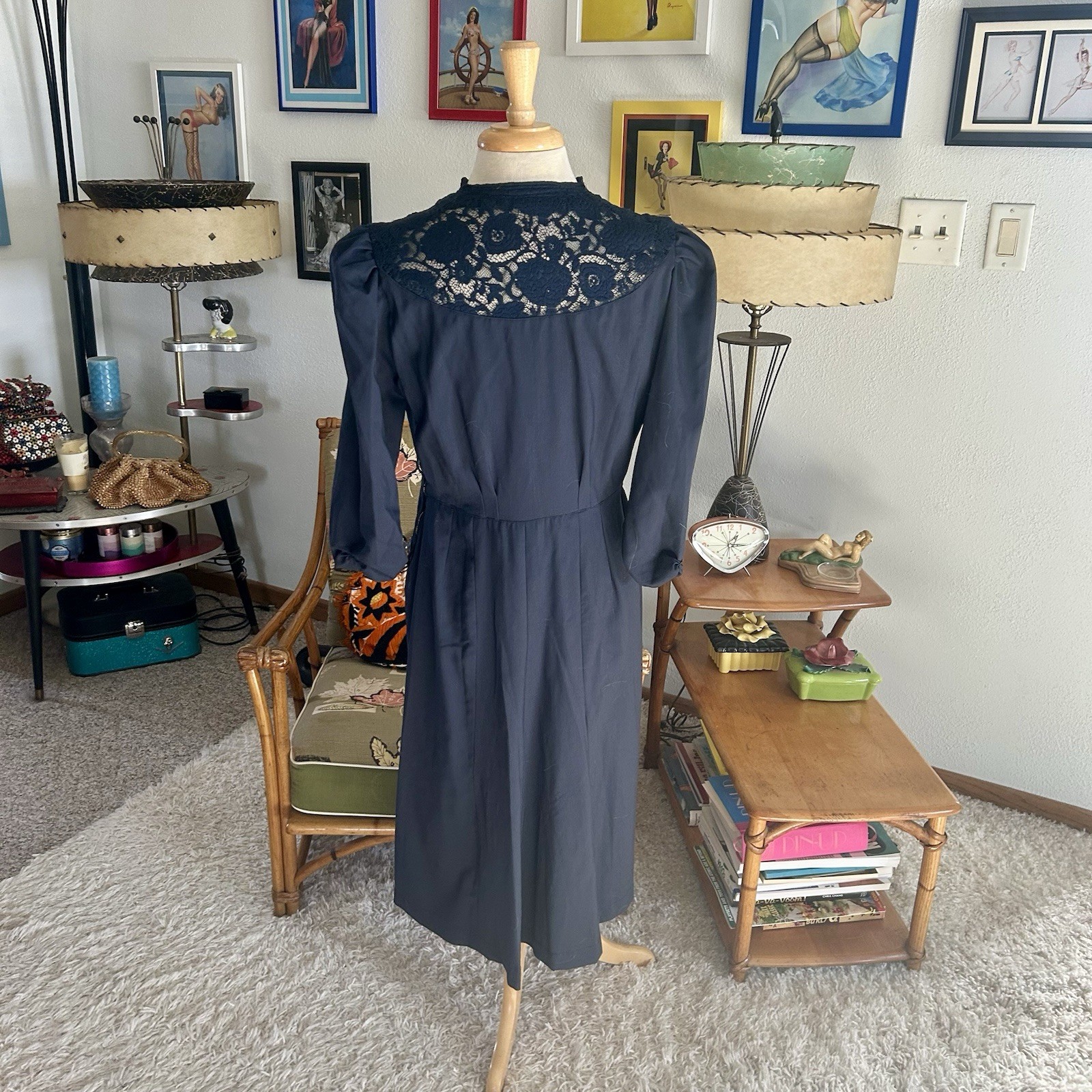 Retro Dress | 1940s Style | Navy Blue | Lace | M L | 40s