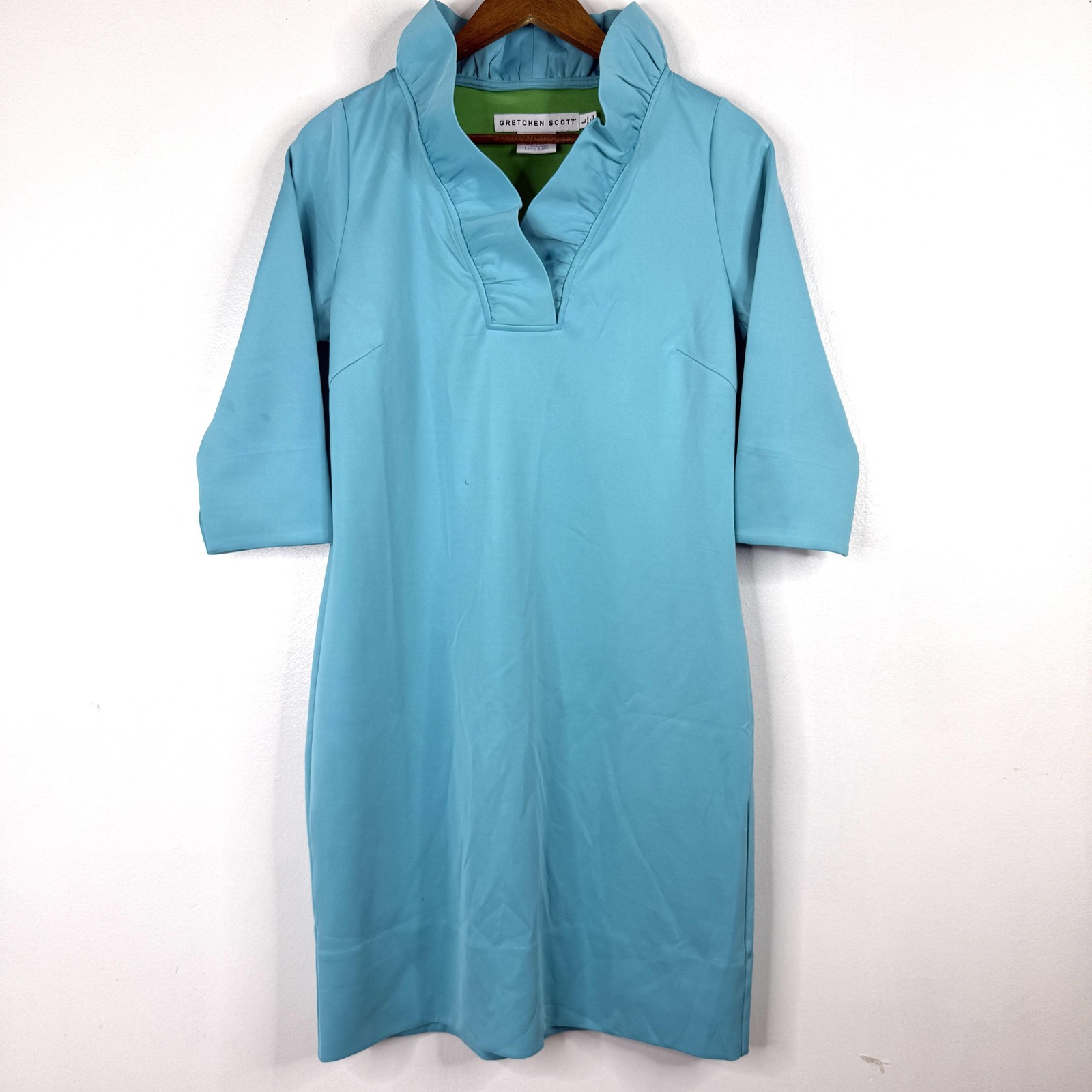 Gretchen Scott Dress Womens Large Blue Ruffle Neck Shift 3/4 Sleeve Casual