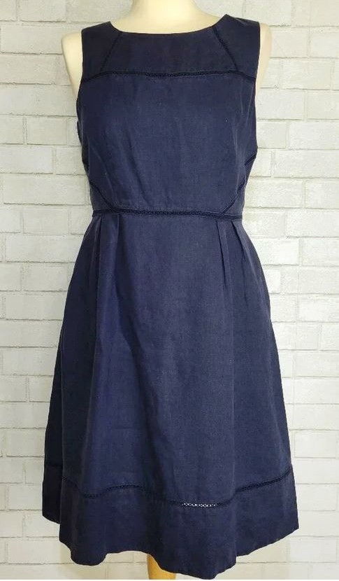 Boden 100% Linen Dress Sz 10 Blue Navy Eyelet Sleeveless 100% Cotton lining