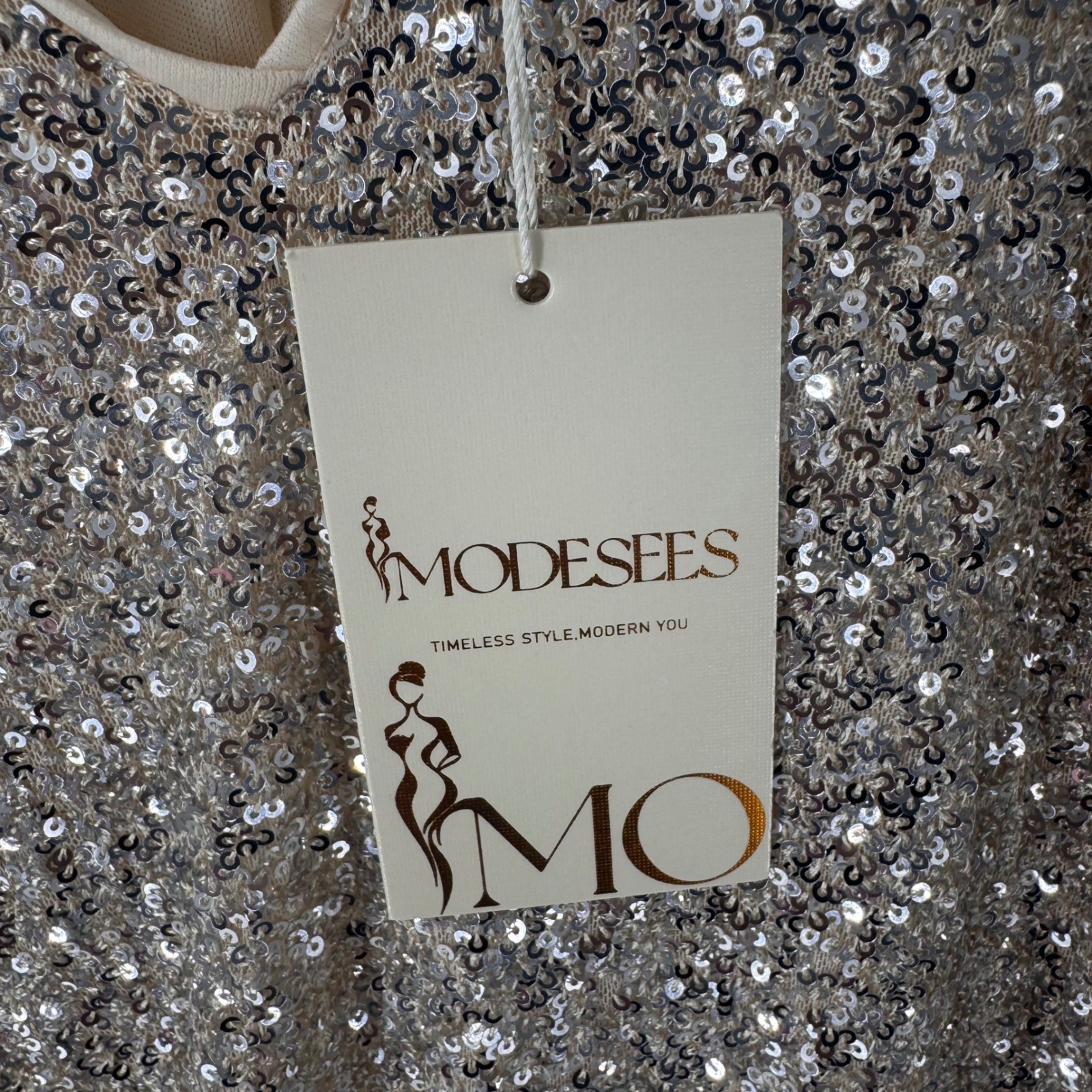 Modesees Women Champagne Gold Sequin Maxi Gown V-Neck Long Bishop Sleeve Size S