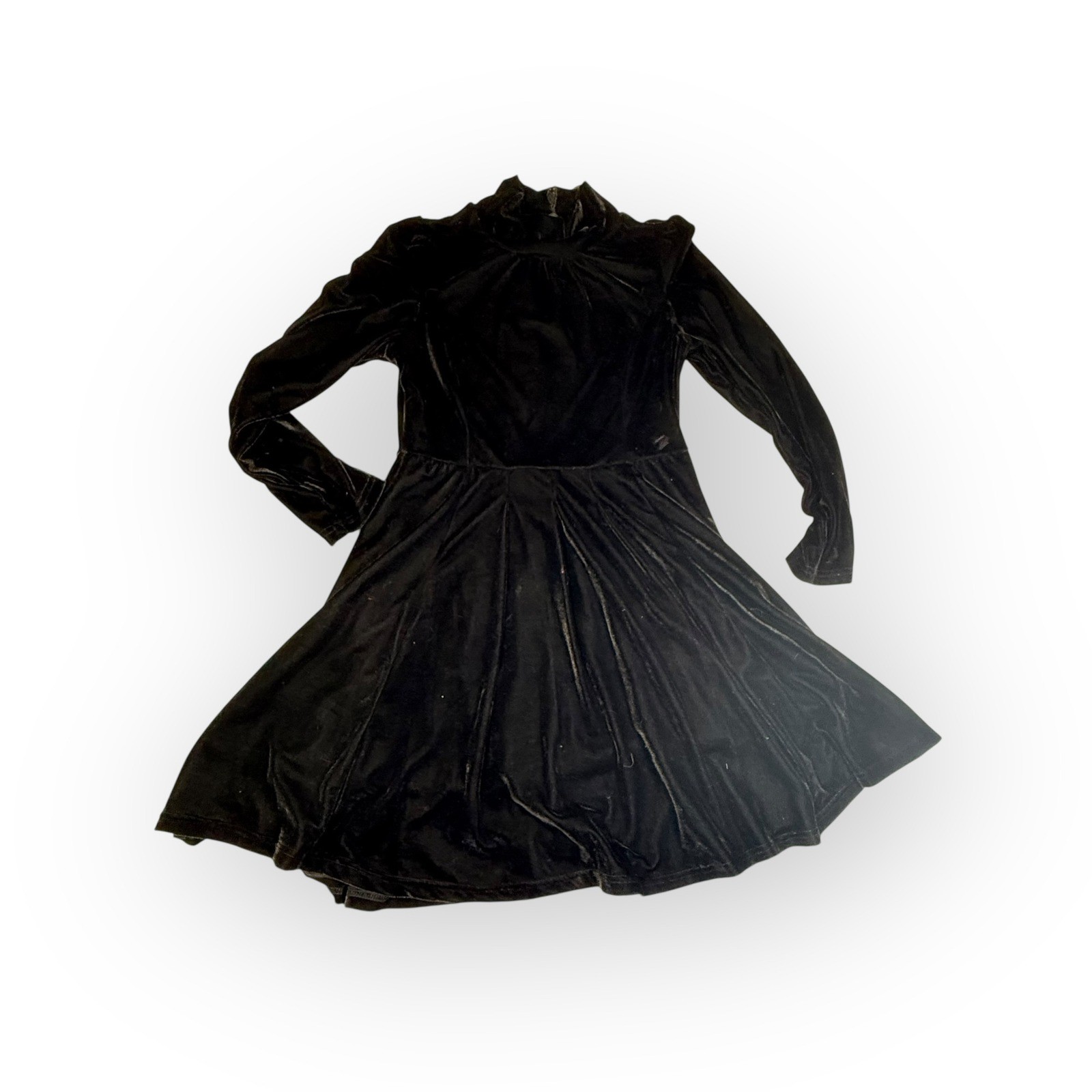 Black Velvet Gothic Mock Neck Long Sleeve Midi Dress Button Cuff Flared Sz L