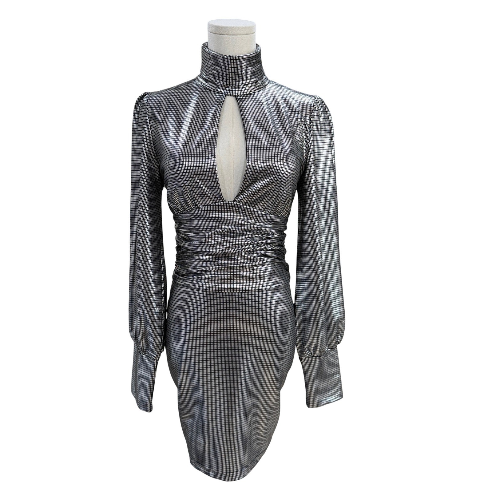 Silver Metallic Disco Keyhole Open Back Mini Dress Party Glam Y2K Nightclub Glam