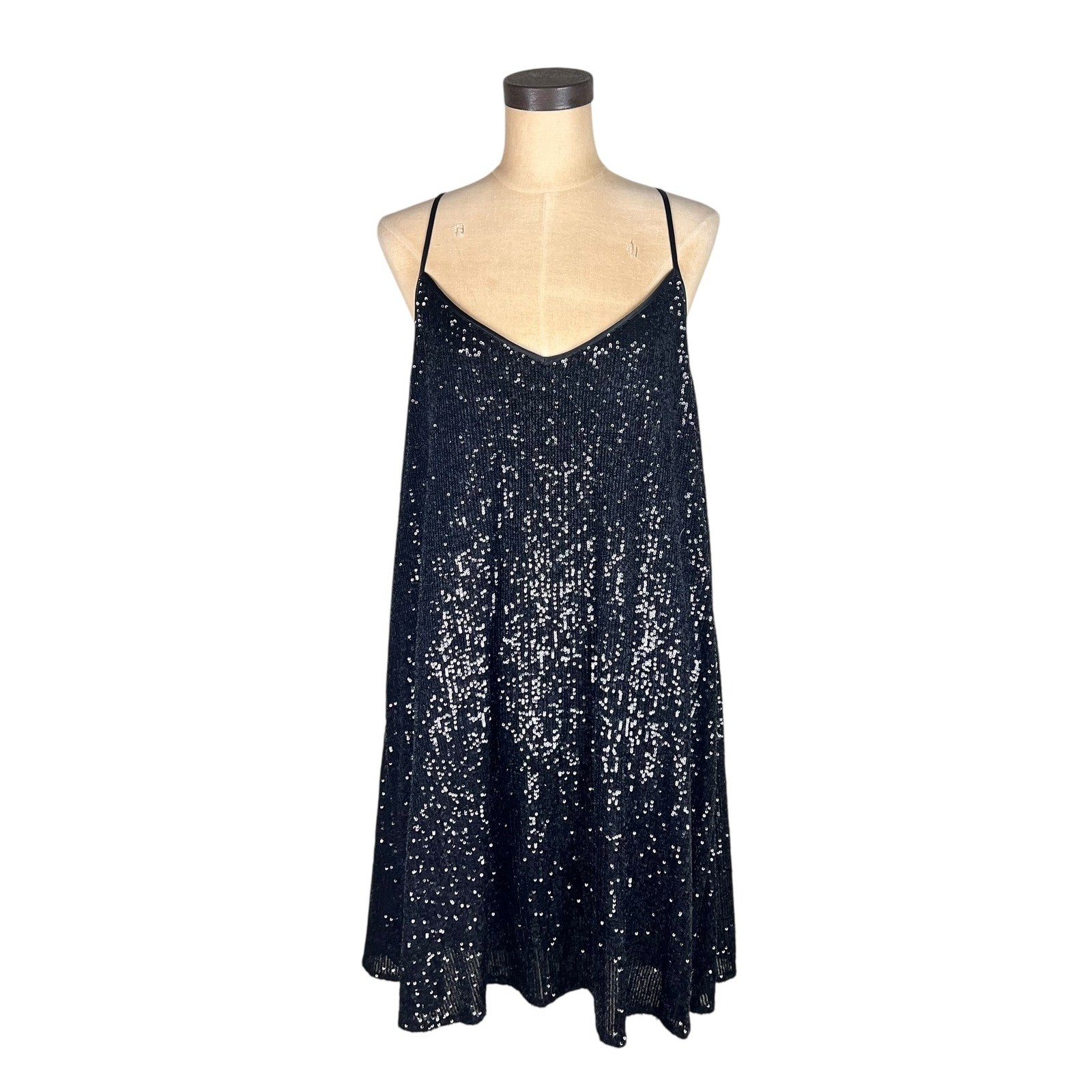 Jade by Johnny Was Black Sequin Silk Lined Mini Dress XL Racerback Swing
