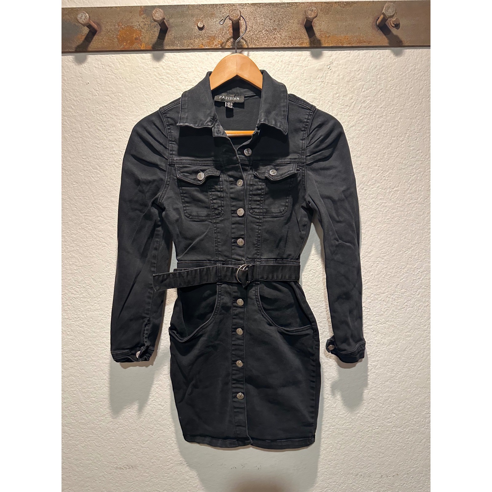 Parisian Black Denim Mini Dress Long Sleeve Button Front Belted Puff Shoulder 4